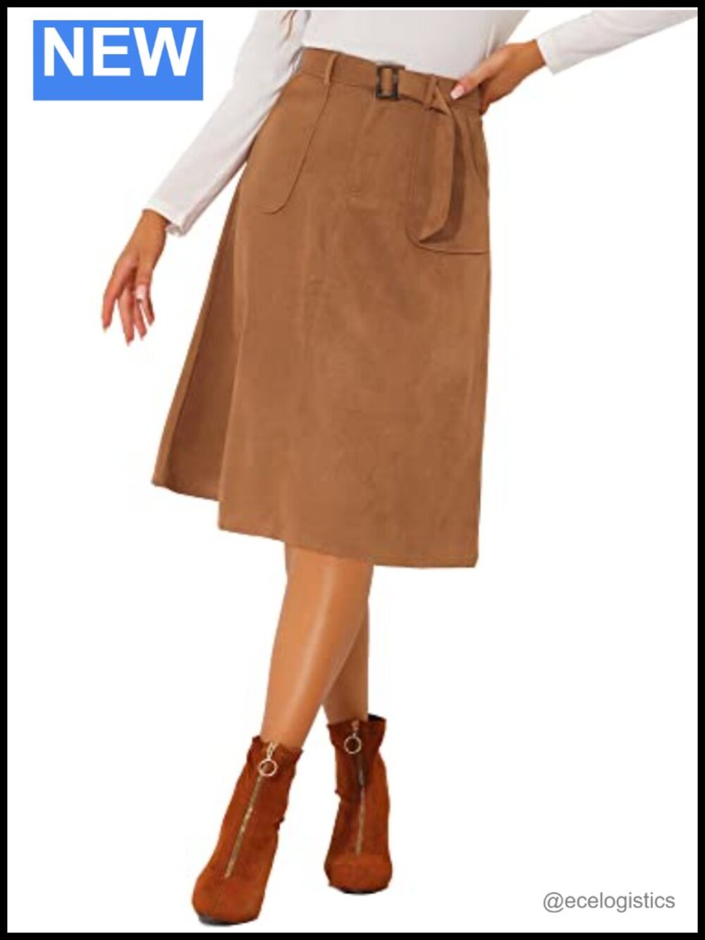 Faux Suede A-Line Midi Skirt with Belt High Rise Stretch